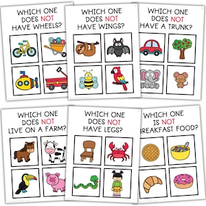 Könnte beinhalten: Ein Satz von sechs Lernkarten mit dem Text "WHICH ONE DOES NOT" gefolgt von einer Frage. Jede Karte zeigt eine andere Frage und eine Reihe von Bildern zur Auswahl für Kinder. Die Karten sollen Kindern verschiedene Konzepte vermitteln.