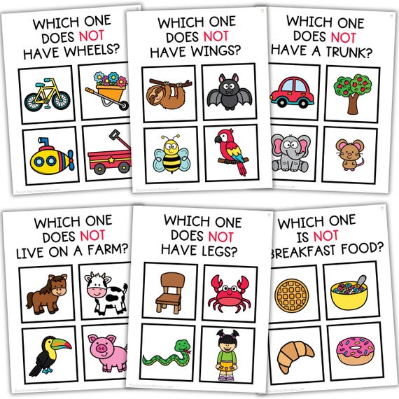 20 Which One Does Not Belong | Wh Questions | Functions Task Cards | Which One | Speech Therapy | ABA | Category | Autism | Posters for Kids