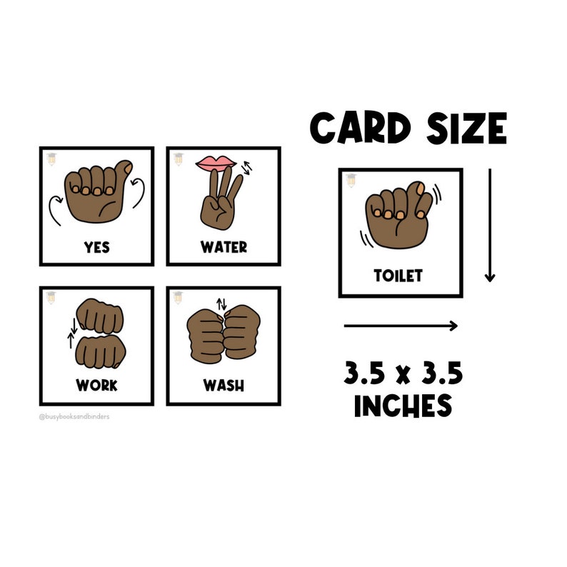 May include: Four 3.5 x 3.5 inch cards with black outlines and white backgrounds. Each card features a different sign language hand gesture with a black and brown hand. The signs are for "yes", "water", "toilet", and "work".