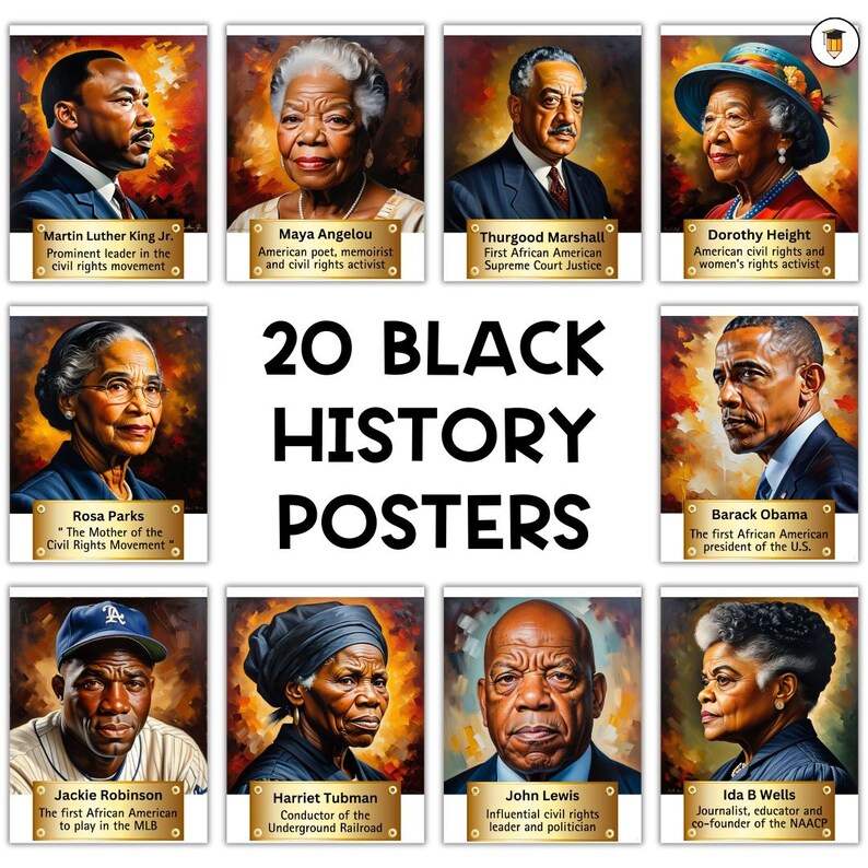 K&ouml;nnte beinhalten: Eine Collage mit 20 Portr&auml;ts prominenter schwarzer historischer Pers&ouml;nlichkeiten, darunter Martin Luther King Jr., Rosa Parks, Maya Angelou, Thurgood Marshall, Dorothy Height, Barack Obama, Jackie Robinson, Harriet Tubman, John Lewis und Ida B. Wells. Jedes Portr&auml;t ist mit einem goldenen Rahmen versehen und enth&auml;lt eine kurze Beschreibung der Beitr&auml;ge der Person.