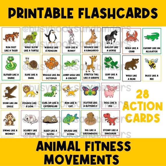 PHYSICAL COPY: Animal Fitness Movement Flashcards | Kids Exercises | Flash Cards for Kids | Activities | Physical Education | Movement Break