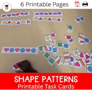 May include: Printable shape pattern task cards with various shapes and colors. The cards include hearts, circles, squares, stars, and other geometric shapes. The text on the cards reads "6 Printable Pages" and "Shape Patterns Printable Task Cards."