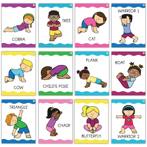 May include: A set of twelve educational cards featuring cartoon illustrations of children performing various yoga poses. Each card displays a specific pose name including Cobra, Tree, Cat, Warrior 1, Cow, Child's Pose, Plank, Boat, Triangle, Chair, Butterfly, and Warrior 2.