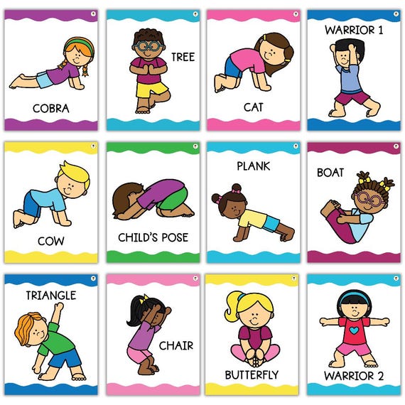 15 Kids Yoga Posters Printable | Calm Corner Decor | Yoga Poses for Kids | Preschool Classroom | Movement Break | Fitness Flashcards