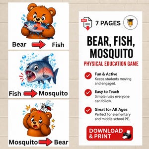 Pode incluir: Um jogo de educa&ccedil;&atilde;o f&iacute;sica imprim&iacute;vel intitulado "Urso, Peixe, Mosquito". O jogo apresenta ilustra&ccedil;&otilde;es coloridas de um urso, um peixe e um mosquito com setas indicando a sequ&ecirc;ncia do jogo. O jogo &eacute; projetado para educa&ccedil;&atilde;o f&iacute;sica do ensino fundamental e m&eacute;dio.