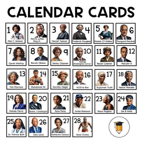 Black History Calendar Cards | Bulletin Board Display | Black History Decor | African American History | Printable Calendar Pocket Cards