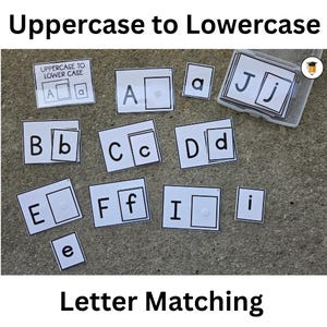 May include: A set of educational letter matching cards featuring uppercase and lowercase letters. The cards are white with black text and borders. Some cards show both cases, while others show individual letters. A clear plastic storage case is included.