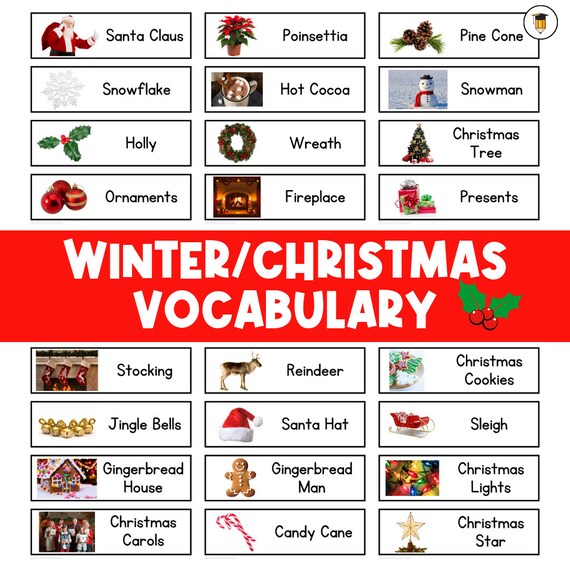 Christmas Words | Spelling | Literacy Wall | Preschool Grade One | Christmas Vocabulary | Flashcards | Picture Cards | Winter Words