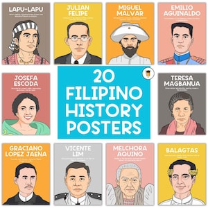 Könnte beinhalten: Ein Satz von 20 bunten Postern mit Porträts von bedeutenden Persönlichkeiten der philippinischen Geschichte. Jedes Poster enthält einen Namen, einen Titel und eine kurze Beschreibung der Beiträge der Person.