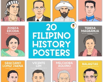 May include: A set of 20 colorful posters featuring portraits of notable figures from Filipino history. Each poster includes a name, title, and brief description of the individual's contributions.