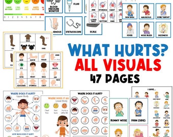 Peut inclure: Un ensemble de 47 pages imprimables avec des illustrations colorées pour aider les enfants à communiquer où ils ont mal. Les pages comprennent des images de parties du corps, de niveaux de douleur et de maux courants comme un nez qui coule, un mal de tête et une égratignure.