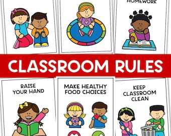 May include: A set of six classroom rule posters featuring cartoon children. The rules include "Include Others," "Sit Nicely," "Do Your Homework," "Raise Your Hand," "Make Healthy Food Choices," and "Keep Classroom Clean."