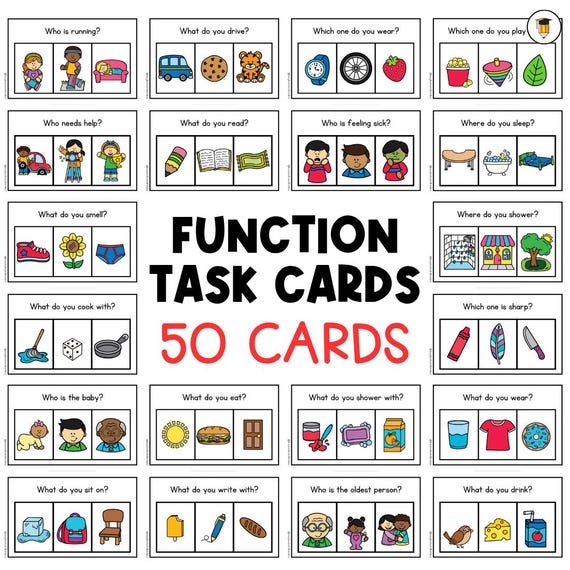 50 WH Questions | Functions Task Cards | Which One | Speech Therapy | ABA | Category | Autism | Flashcards for Kids | Multiple Choice