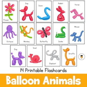 14 Balloon Animal Flashcards | Carnival | Circus | Clown Activities | Party Printables | Flashcards for kids | Animal Party