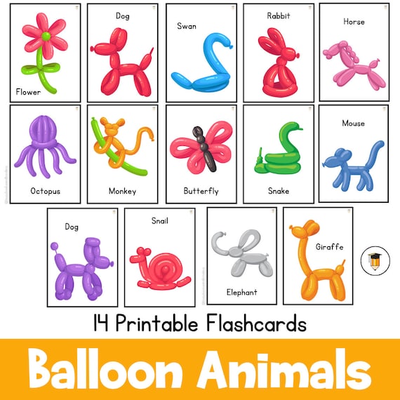 14 Balloon Animal Flashcards | Carnival | Circus | Clown Activities | Party Printables | Flashcards for kids | Animal Party