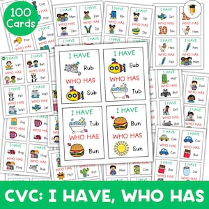Palabras CVC a primera vista / Tengo a quien tiene / Juego imprimible para el aula / Familias de palabras CVC / Fonética / Jardín de infantes / Preescolar / Lectura / Juego grupal