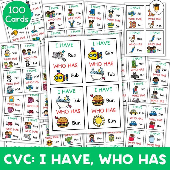 CVC Sight Words | I Have Who Has | Printable Classroom Game | CVC Word Families | Phonics | Kindergarten | Preschool | Reading | Group Game