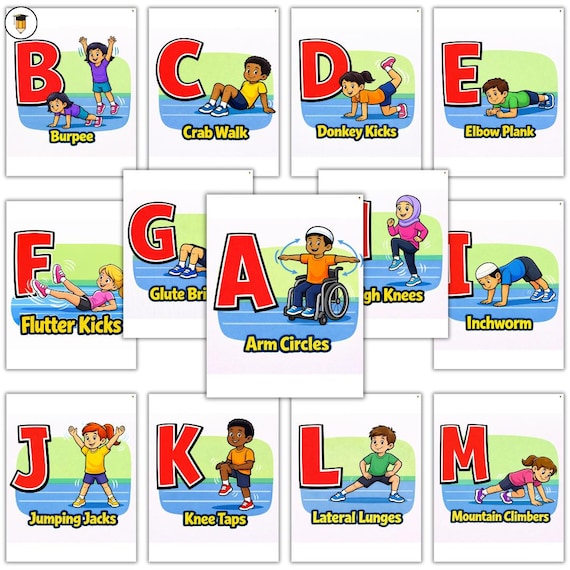 A to Z Fitness Posters | Kids Exercises | Flash Cards for Kids | PE Poster | Physical Education Poster | Gym Decor | Movement Break Activity
