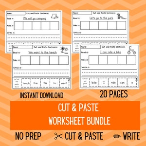 Peut inclure: Un lot de feuilles de travail imprimables en noir et blanc pour les enfants. Les feuilles de travail présentent des activités de découpage et de collage avec des phrases simples. Le titre du lot est "Cut & Paste Worksheet Bundle".