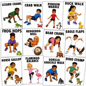 Könnte beinhalten: Eine Sammlung von zwölf Lehrpostern mit Illustrationen von Kindern, die tierbezogene Bewegungen ausführen. Jedes Poster zeigt einen spezifischen Übungstitel wie Lizard Crawl, Crab Walk und Dino Stomp neben dem entsprechenden Tier.