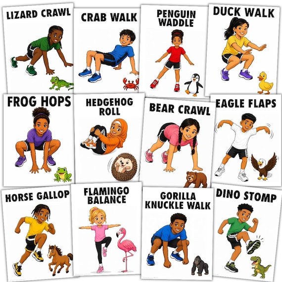 14 Animal Movement Posters for Kids | PE Fitness Activities | Brain Breaks | Gross Motor Exercise | Classroom Movement Cards | Kids Exercise