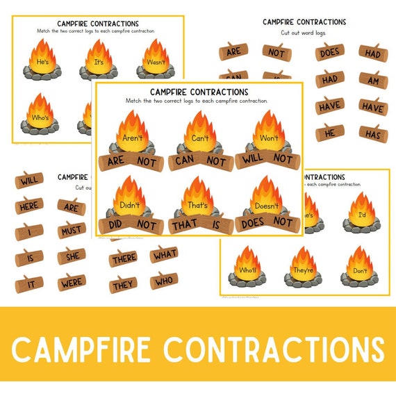 Campfire Contractions | Grammar | English Worksheets | Parts of Speech | Sight Words | Kindergarten | Literacy Printables | Phonics