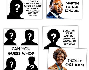 May include: A game of 'Guess Who?' with four silhouette images of famous people. The game includes Martin Luther King Jr., Shirley Chisholm, and two unknown people.
