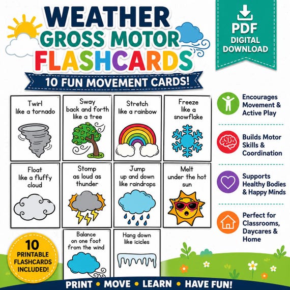 Simon Says Weather Movement Cards | Kids Exercises | Flash Cards for Kids | Yoga | Activities | Physical Education | Movement Break Activity