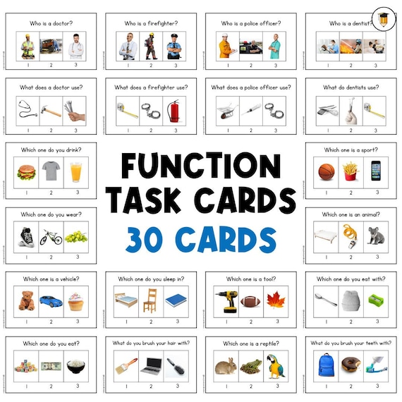 WH Questions | Functions Task Cards | Which One | Speech Therapy | ABA | Category | Autism | Flashcards for Kids | Multiple Choice