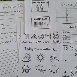 May include: Black and white printable worksheets for kids. The worksheets include a field trip form, a library card, a washroom pass, a spelling test, a schedule, a clock, and a weather chart.