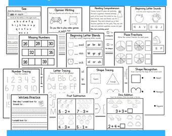 Kindergarten Worksheet Bundle, Homeschool Printables, Preschool Worksheets, Kindergarten Alphabet, Numbers, Math, Reading, Activity Pages