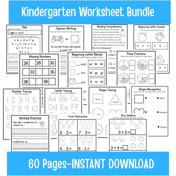 Kindergarten Worksheet Bundle, Homeschool Printables, Preschool Worksheets, Kindergarten Alphabet, Numbers, Math, Reading, Activity Pages