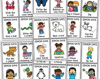 30 SIMON SAYS | Movimento | Exercícios para crianças | Flashcards para crianças | Ioga | Atividades | Educação física | Atividade de pausa para movimento | Jogos