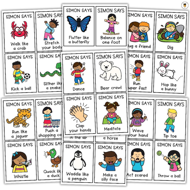 May include: A collection of "Simon Says" game cards. Each card features a colorful illustration of a child performing an action, such as "Walk like a crab" or "Make a silly face." The cards are designed for children's play and learning.