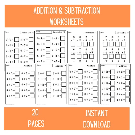 Kindergarten Math Worksheets |  Addition Worksheets | Subtraction Worksheets | Preschool Counting | 1-20 | Numbers | Busy Book | Download