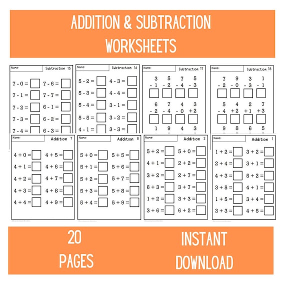 Kindergarten Math Worksheets |  Addition Worksheets | Subtraction Worksheets | Preschool Counting | 1-20 | Numbers | Busy Book | Download