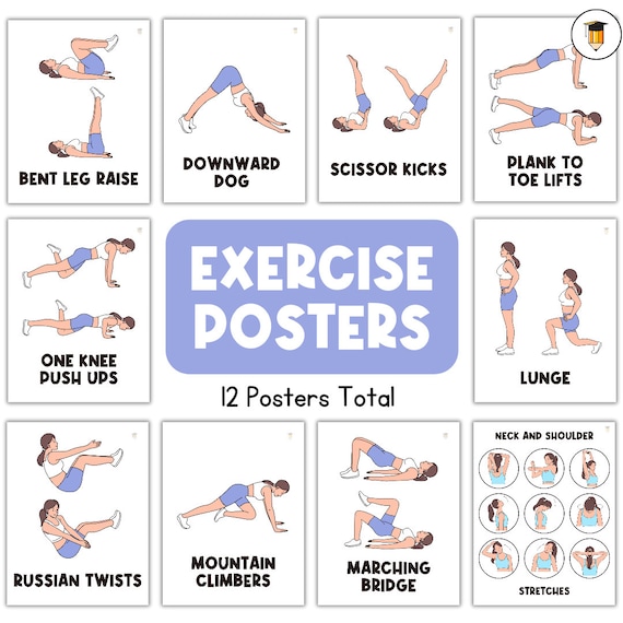 12 Exercise Posters | Kids Exercises | Flash Cards for Kids | Yoga | Activities | Physical Education | Fitness | Movement Break Activity