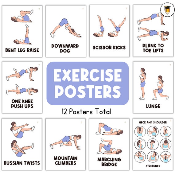 12 Exercise Posters | Kids Exercises | Flash Cards for Kids | Yoga | Activities | Physical Education | Fitness | Movement Break Activity