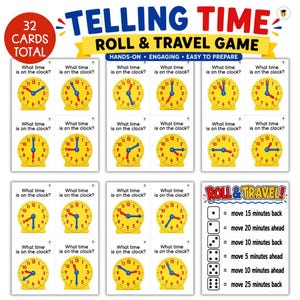 Puede incluir: Un juego educativo Telling Time Roll & Travel que incluye 32 tarjetas con relojes amarillos que muestran varias horas y el texto What time is on the clock. Incluye una tarjeta de instrucciones con iconos de dados y reglas de movimiento.