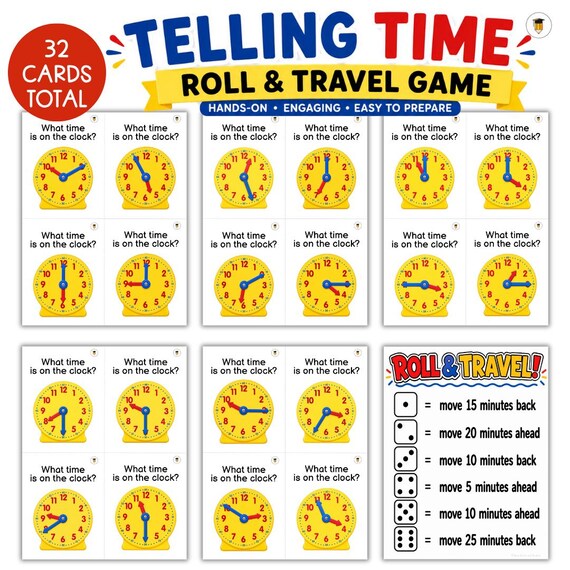 32 Clock Task Cards | Telling Time Game | Roll and Move Math Center | Analog Clock | Time Activity | Math Activity | Task Cards | Flashcards