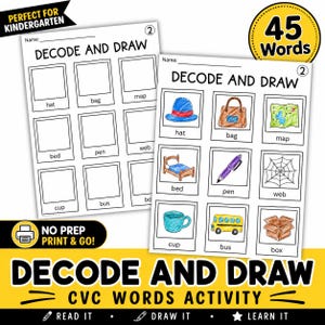 May include: Two educational worksheets titled DECODE AND DRAW featuring a grid of nine squares. One sheet is blank, while the other shows colored illustrations of a hat, bag, map, bed, pen, web, cup, bus, and box with corresponding text labels.