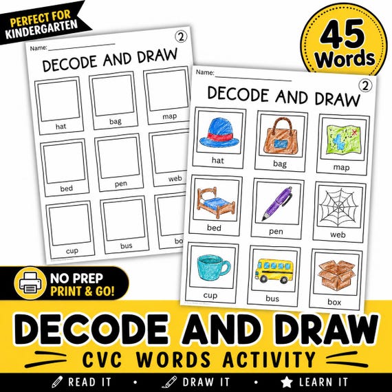 Decode and Draw CVC Words Worksheets | Kindergarten Phonics Activity | Read & Draw Printable | No Prep Literacy Centers | Beginning Reading