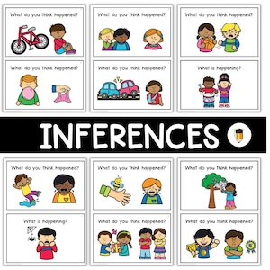 May include: A set of colorful inference cards with illustrations depicting various scenarios. Each card features the question "What do you think happened?" or "What is happening?" The word "INFERENCES" is displayed prominently.