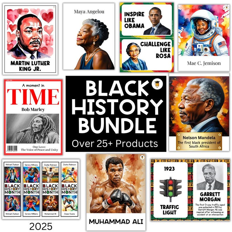 K&ouml;nnte beinhalten: Eine Collage von Bildern, die den Black History Month feiern. Die Bilder zeigen Portr&auml;ts von bekannten Pers&ouml;nlichkeiten wie Martin Luther King Jr., Maya Angelou und Muhammad Ali. Die Collage zeigt auch Bilder von historischen Ereignissen und Errungenschaften, wie die erste Ampel und der erste schwarze Pr&auml;sident S&uuml;dafrikas. Der Text "Black History Bundle" ist in gro&szlig;en, fetten Buchstaben dargestellt, zusammen mit dem Satz "Over 25+ Products".