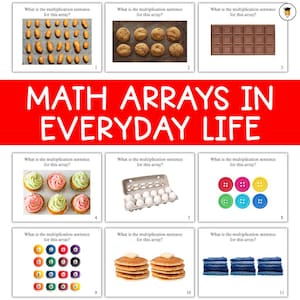 Op de afbeelding: Educatieve poster getiteld "MATH ARRAYS IN EVERYDAY LIFE." De poster bevat meerdere afbeeldingen van arrays, waaronder aardappelen, koekjes, chocolade, cupcakes, eieren, knopen, biljartballen, pannenkoeken en gevouwen denim.