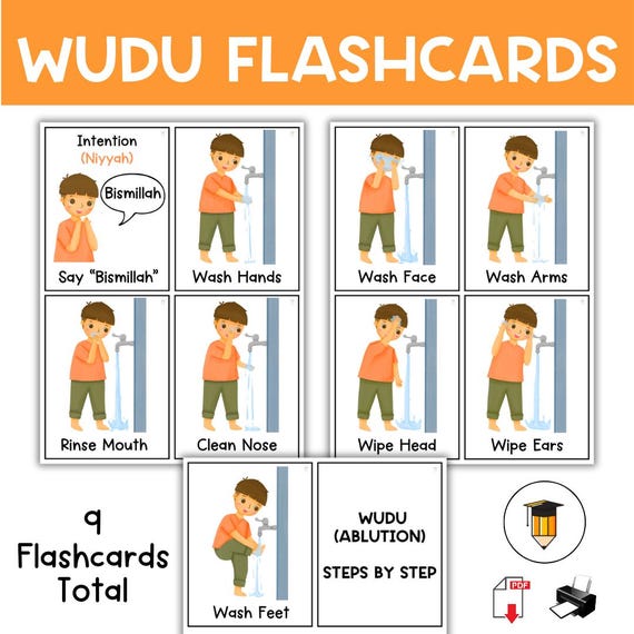 9 Wudu Flashcards | Ablution | Step by Step | Picture Cards |