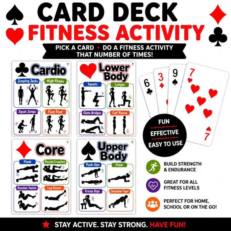 May include: A fitness activity card deck with exercise illustrations. The deck includes cards for cardio, lower body, core, and upper body workouts. The text on the cards reads "Card Deck Fitness Activity". The deck also includes playing cards.