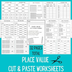 Può includere: Un set di fogli di lavoro stampabili in bianco e nero per insegnare il valore posizionale. Il set include 32 pagine di attività di ritaglio e incollaggio per gli studenti per esercitarsi nell'identificare il valore delle cifre nei numeri. I fogli di lavoro presentano blocchi di base dieci, la forma espansa e tabelle di valore posizionale delle cifre.