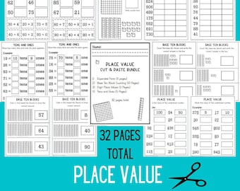 Puede incluir: Un conjunto de hojas de trabajo imprimibles en blanco y negro para enseñar el valor posicional. El conjunto incluye 32 páginas de actividades de cortar y pegar para que los estudiantes practiquen la identificación del valor de los dígitos en los números. Las hojas de trabajo presentan bloques de base diez, la forma expandida y tablas de valor posicional de los dígitos.