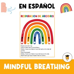 Può includere: Un grafico a forma di arcobaleno con cerchi bianchi e frecce, intitolato "Respiracion de Arcoiris" in spagnolo. Il grafico è una guida visiva per esercizi di respirazione consapevole. Il testo sotto il grafico dice "Empiza en el color rojo. Coloca el dedo sobre el circulo blanco. Inhala y traza con el dedo el recorrido hasta el otro lado del arcoiris. Pasa al anaranjado. Exhala y traza con el dedo el recorrido hacia el otro lado. Repite hasta que hayas trazado todos los colores." Il grafico è etichettato con le parole "Aspirar", "Aspirar", "Inhalar y exhalar", "Exhalar" e "Exhalar".